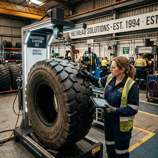 Quality control inspector examining retreaded industrial tyre at Capital Tyres facility in Pune Maharashtra