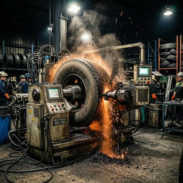 Computer-controlled precision buffing lathe preparing commercial tyre casing surface for retreading in Pune