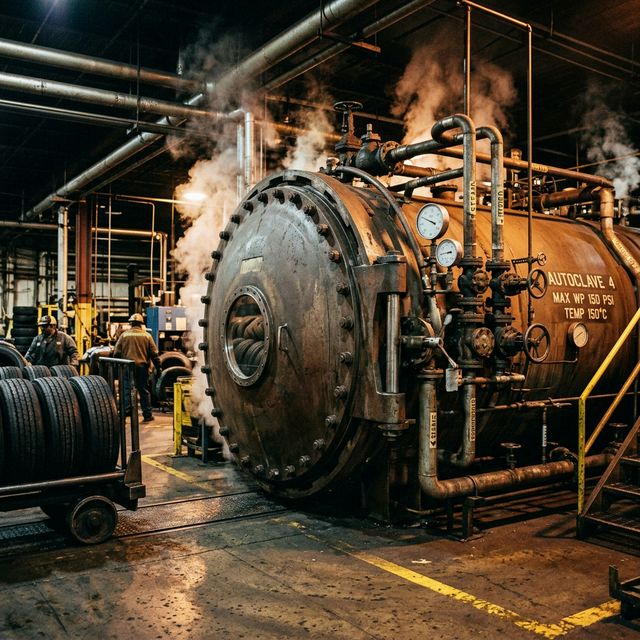 Industrial autoclave vulcanization curing chamber for hot mould cure tyre retreading at Capital Tyres Pune